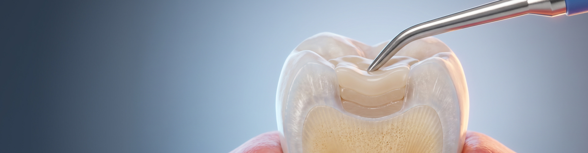Layers of white composite in tooth cavity.